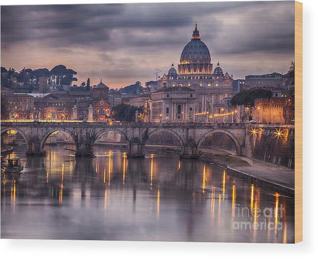 Capital Wood Print featuring the photograph Illuminated Bridge In Rome Italy by Sophie Mcaulay