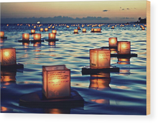 Tranquility Wood Print featuring the photograph 2011 Lantern Floating Ceremony Hawaii by Photos By Naomi Hayes Of Island Memories Photography