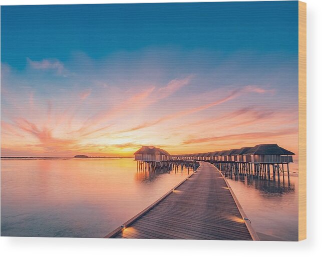Landscape Wood Print featuring the photograph Sunset On Maldives Island, Luxury Water #3 by Levente Bodo