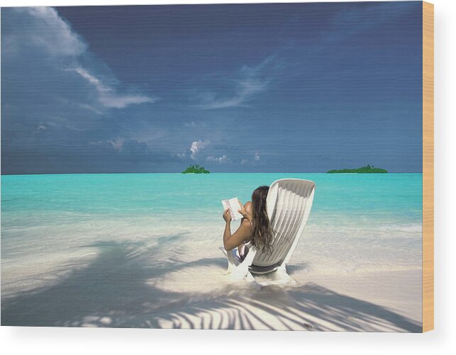 Woman Reading A Book On The Beach Wood Print featuring the photograph 795-137 by Robert Harding Picture Library