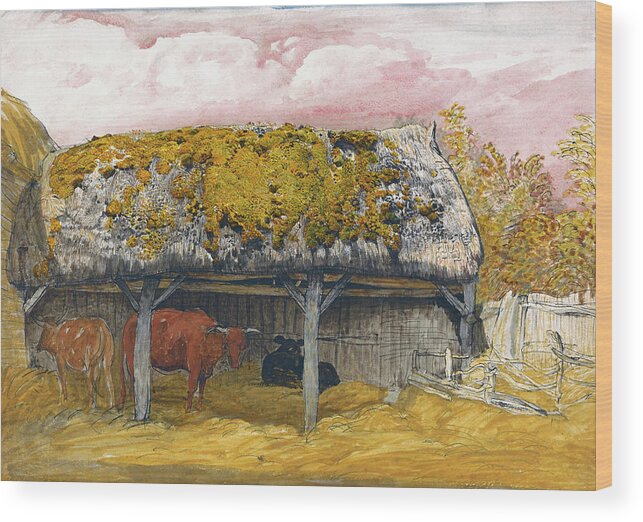 Samuel Palmer Wood Print featuring the painting A Cow Lodge with a Mossy Roof - Digital Remastered Edition by Samuel Palmer