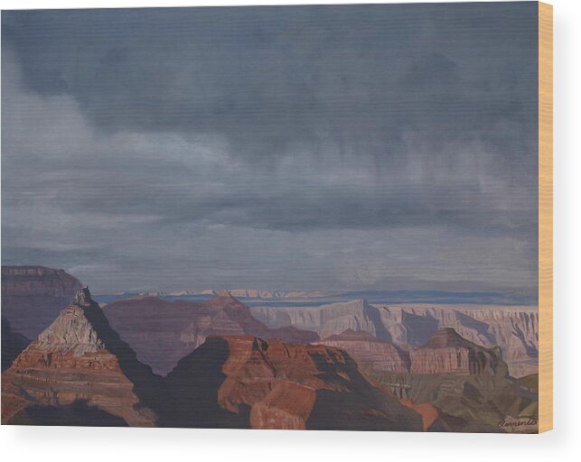 Grand Canyon Wood Print featuring the painting A little rain over the canyon by Barbara Barber