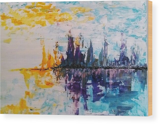 Abstract Wood Print featuring the painting Abstract Cityscape by Lynne McQueen