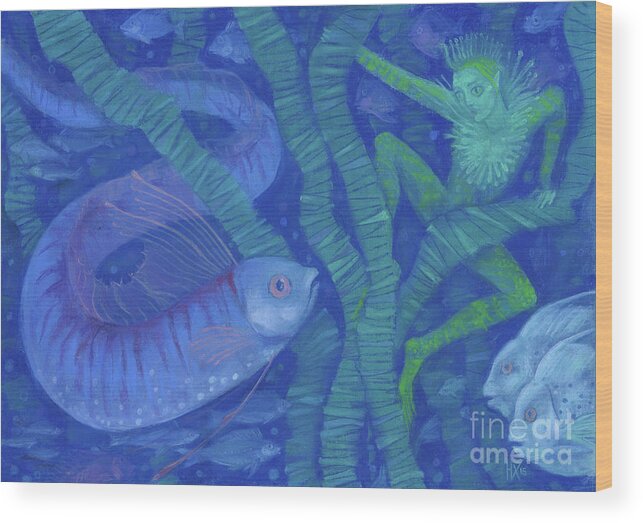Underwater Fairytale Illustration Wood Print featuring the painting Amphibian and the Fish King, fantasy art, Underwater by Julia Khoroshikh