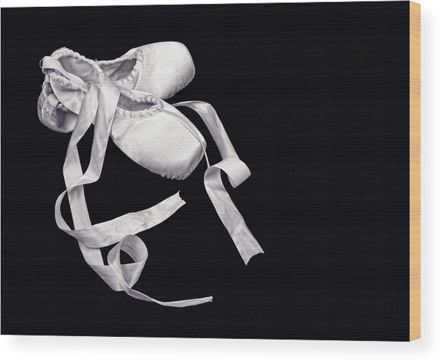 Flexibility Wood Print featuring the photograph Ballet Shoes On Black Background by Vasiliki