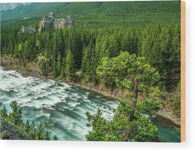 Photography Wood Print featuring the photograph Banff Springs Hotel With Bow River by Panoramic Images