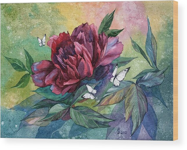 Russian Artists New Wave Wood Print featuring the painting Black Peony Flower and Butterflies by Ina Petrashkevich