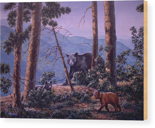 Black Wood Print featuring the painting Blue Ridge Bears by Richard De Wolfe