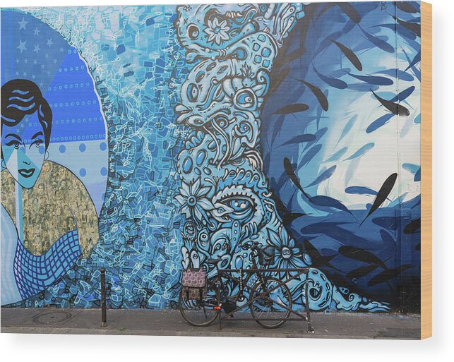 Mural Wood Print featuring the photograph Blue Wall and Bicycle by Liz Albro