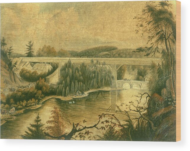 Bridge Wood Print featuring the drawing Bridge over the Wissahickon Creek, about 1835 by William Breton