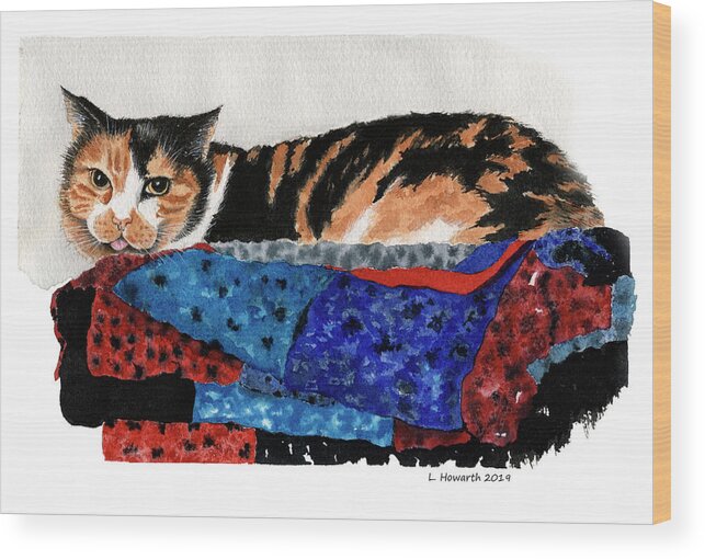 Cat Wood Print featuring the painting Calico Cutie by Louise Howarth
