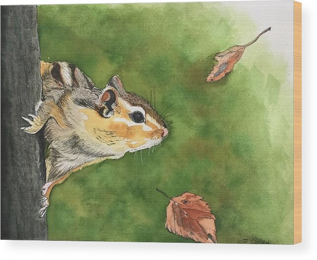 Chipmunk Wood Print featuring the mixed media Clinging On To Fall by Sonja Jones