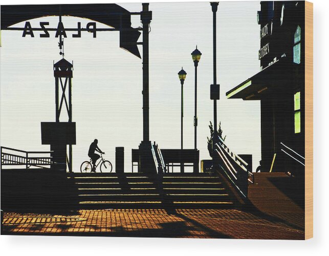 Bicycle Wood Print featuring the photograph Cyclist at sunrise, Ocean City boardwalk by Bill Jonscher