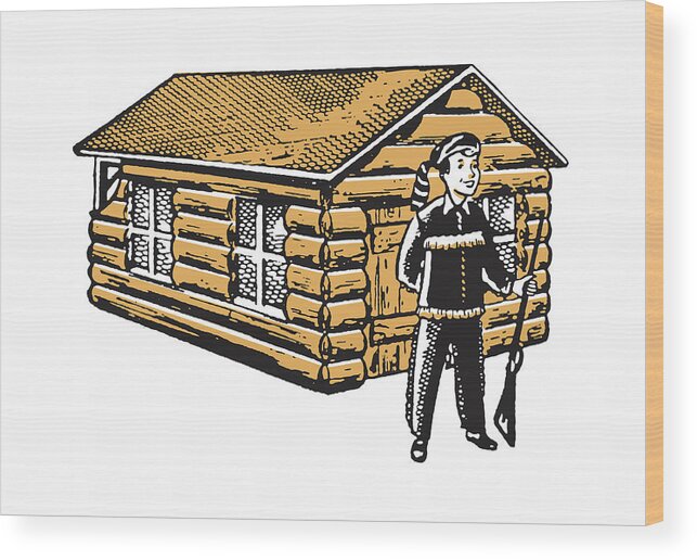 Accessories Wood Print featuring the drawing Daniel Boone in Front of Log Cabin by CSA Images