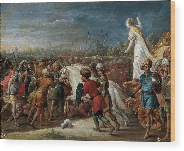 David Teniers The Younger Wood Print featuring the painting David Teniers / 'Armida en la batalla frente a los sarracenos.', 1628-1630, Flemish School. by David Teniers the Younger -1610-1690-