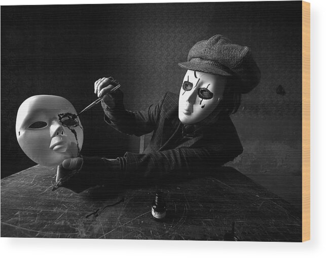 Mask Wood Print featuring the photograph Derrire Le Masque by Mario Grobenski - Psychodaddy
