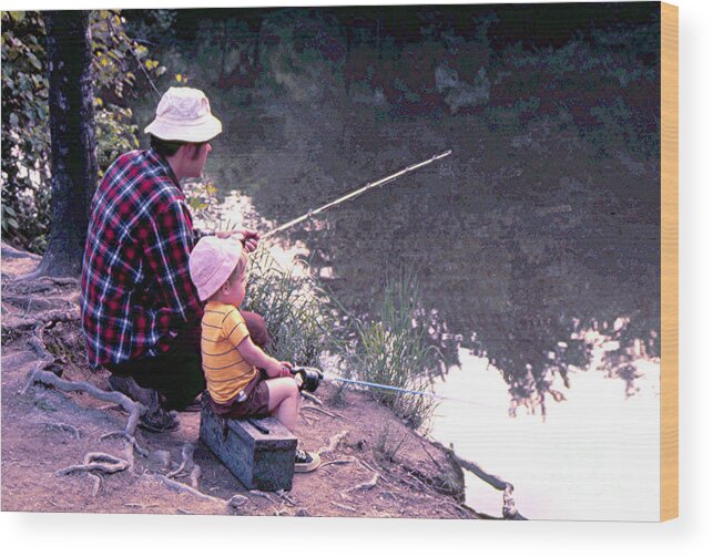 Father Wood Print featuring the photograph Father 3 year old son great-grandfathers tackle box fishing friends by Robert C Paulson Jr