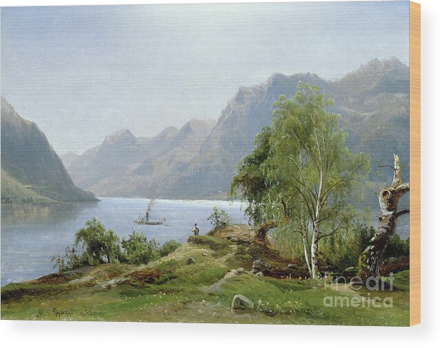 Magnus Bagge Wood Print featuring the painting Fjord landscape with paddle steamer by O Vaering