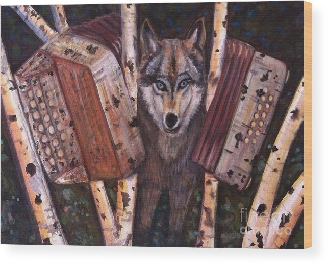 Wolf Wood Print featuring the painting Forest Music by Linda Markwardt