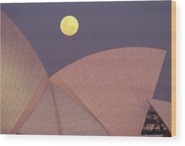 Outdoors Wood Print featuring the photograph Full Moon Over Sydney Opera House, Low by Oliver Strewe