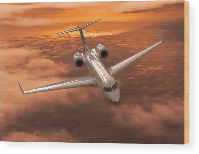 Gulfstream 550 Business Jet Wood Print featuring the digital art Gulfstream 550 Out of the Sunset by Erik Simonsen
