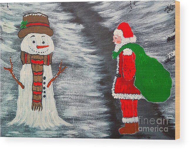 Christmas Wood Print featuring the painting Hello mr snowman glow by Angela Whitehouse