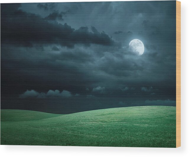 Scenics Wood Print featuring the photograph Hilly Meadow At Night With Full Moon by Spooh