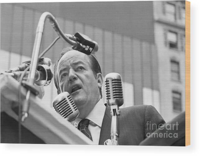 Crowd Of People Wood Print featuring the photograph Hubert Humphrey Surrounded By Microphone by Bettmann