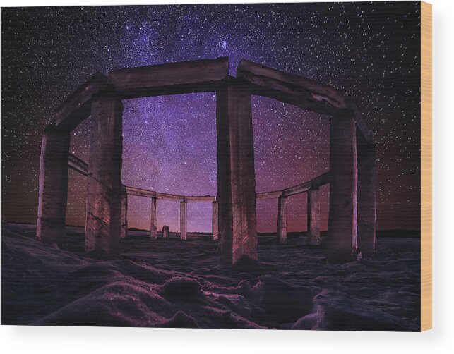 Icehenge Stonehenge Ice Crystal Translucent Mystical Mythical Ancient Sorcerer Druid Celt Solstice Lake Ice Wi Wisconsin Astroscape Nightscape Stars Milky Way Orion Winter Snow Purple Magic Astronomy Nebula Pleiades Wood Print featuring the photograph IceHenge #5 - Stonehenge made of ICE on Rock Lake at Lake Mills WI - astroscape by Peter Herman