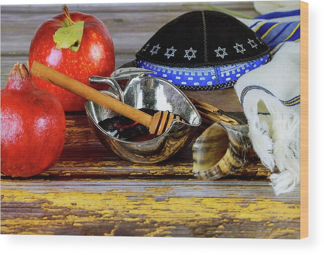 Judaism Wood Print featuring the photograph In The Synagogue Are The Symbols Of Rosh Hashanah Apples And Honey by Cavan Images