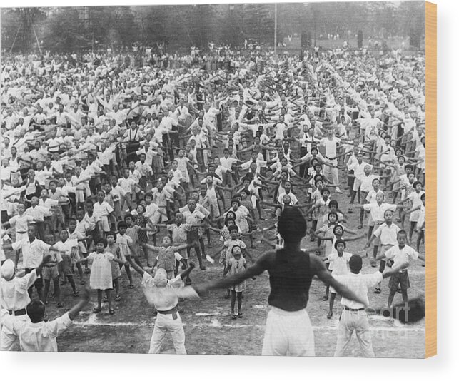 Crowd Of People Wood Print featuring the photograph Japanese Boys And Girls Exercising by Bettmann