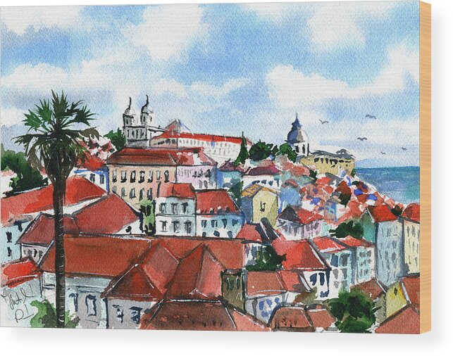 Portugal Wood Print featuring the painting Lisbon by Dora Hathazi Mendes