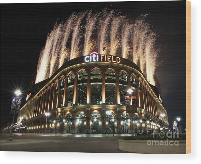 American League Baseball Wood Print featuring the photograph Miami Marlins V New York Mets by Christopher Pasatieri