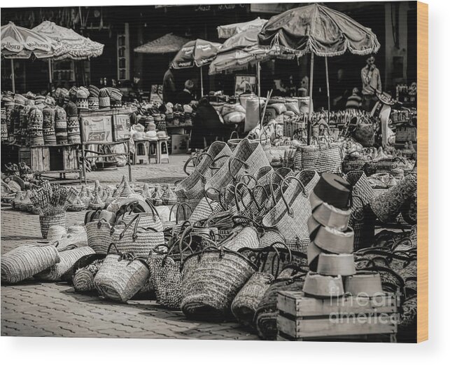 Morocco Wood Print featuring the photograph Morocco Outdoor Market Sepia by Chuck Kuhn