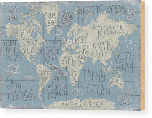 Blue Wood Print featuring the painting Mythical Map I Blue by Mary Urban