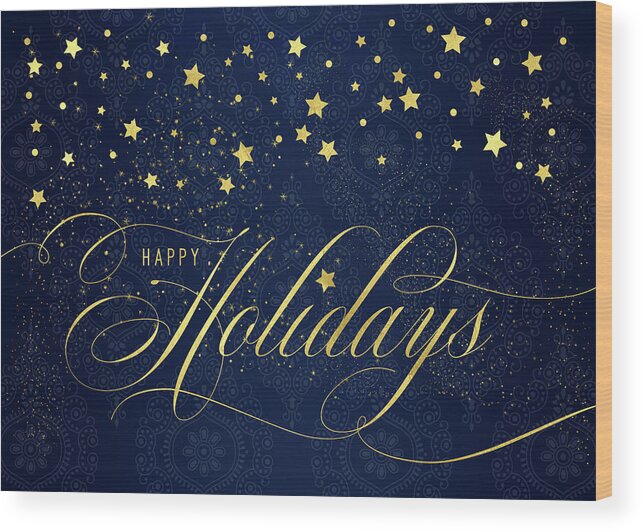 Christmas Wood Print featuring the digital art Navy and Gold Happy Holidays Typography by Doreen Erhardt