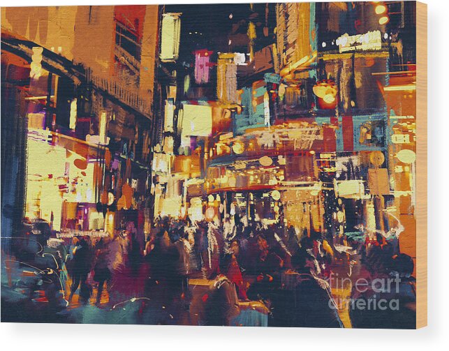 Shop Wood Print featuring the digital art Painting Of City Life At Nightpeople by Tithi Luadthong
