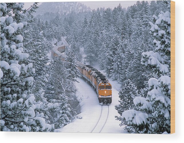 Passenger Train Wood Print featuring the photograph Passenger Train In Winter Wonderland by Mike Danneman