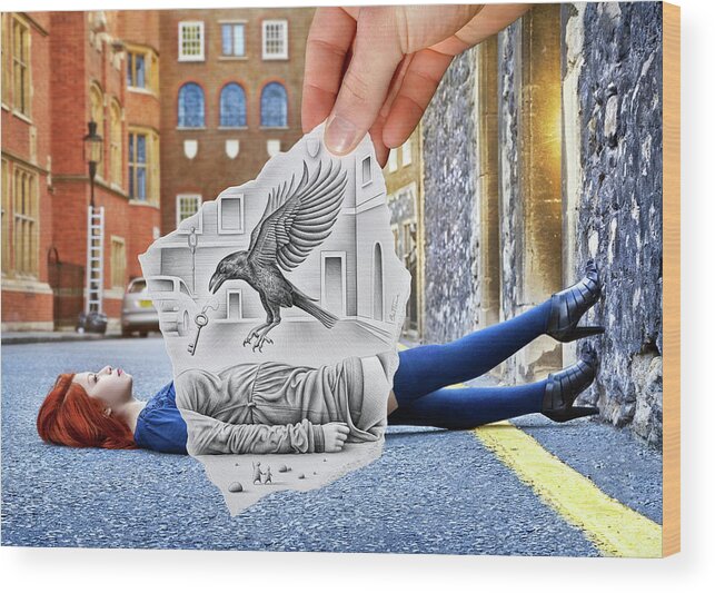 Pencil Vs Camera 57 - Crow And Girl Wood Print featuring the photograph Pencil Vs Camera 57 - Crow And Girl by Ben Heine
