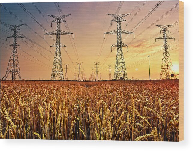 Non-urban Scene Wood Print featuring the photograph Power Lines At Sunset by Yugus