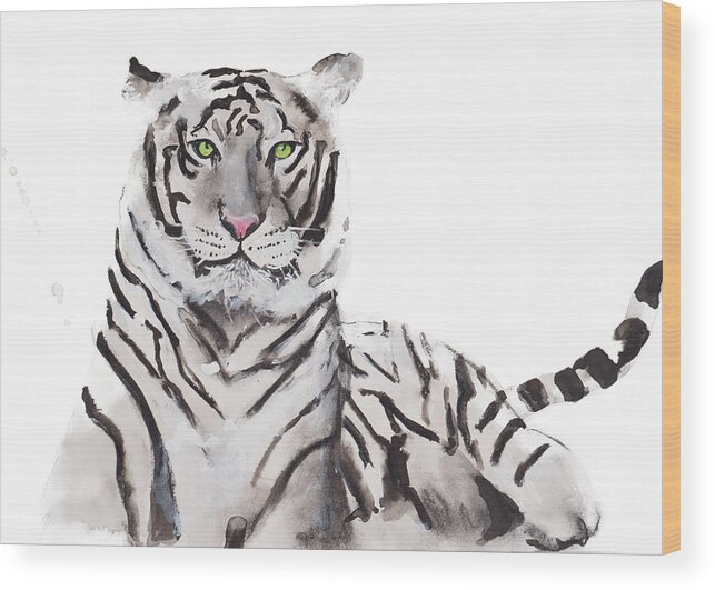 Kids Room Art Wood Print featuring the painting Print of a white tiger, special animal illustration by Angela Peters