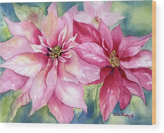 Poinsettia Wood Print featuring the painting Red and Pink Poinsettias by Hilda Vandergriff