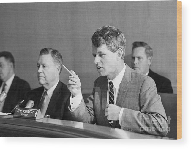 People Wood Print featuring the photograph Robert F. Kennedy Pointing Pen While by Bettmann