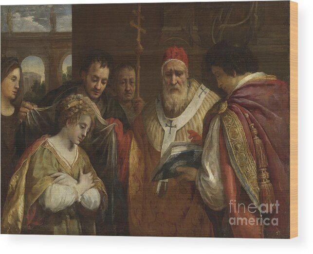 Oil Painting Wood Print featuring the drawing Saint Domitilla Receiving The Veil by Heritage Images