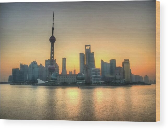 The Bund Wood Print featuring the photograph Skyline At Sunrise by Photo By Dan Goldberger