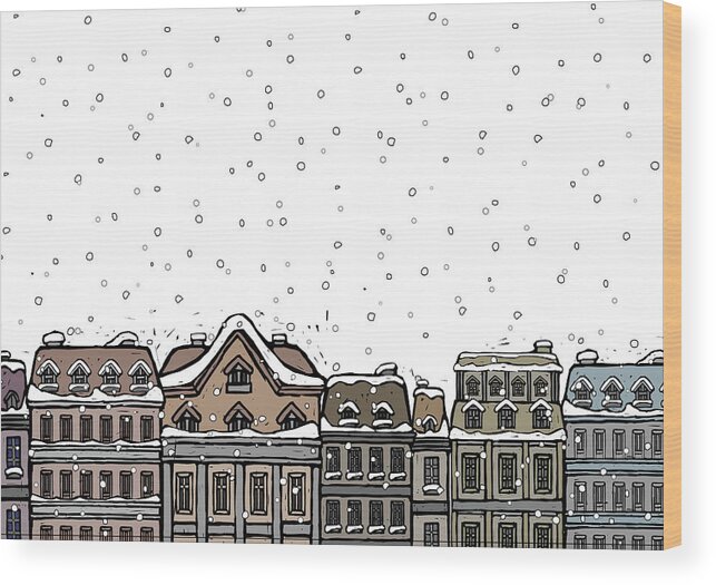 Snow Wood Print featuring the digital art Snowfall Over A City by Eastnine Inc.