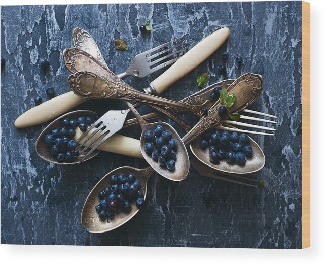 Food Wood Print featuring the photograph Spoons&blueberries by Aleksandrova Karina