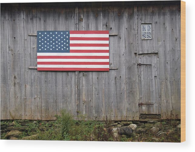 Architectural Feature Wood Print featuring the photograph Stars And Stripes On An Old Barn by Frankvandenbergh