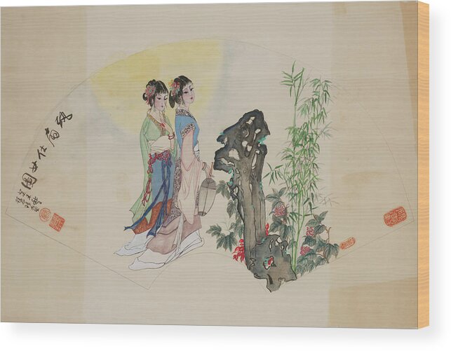 Chinese Watercolor Wood Print featuring the painting Ladies in the Garden by Jenny Sanders