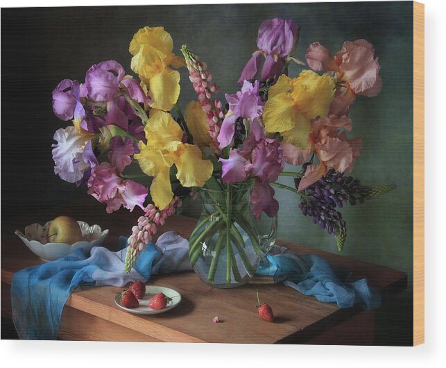Still-life Wood Print featuring the photograph Still Life With A Bouquet Of Irises And Lupine by Tatyana Skorokhod (??????? ????????)